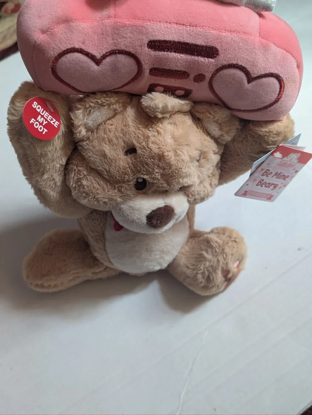 Plush Light Brown Teddy Bear with Pink Heart Pillow - Soft Cuddly Stuffed Animal